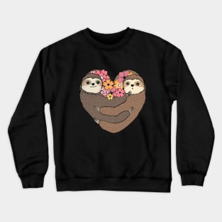 Sloths hugs, lovers couple cute, pink  flowers Crewneck Sweatshirt